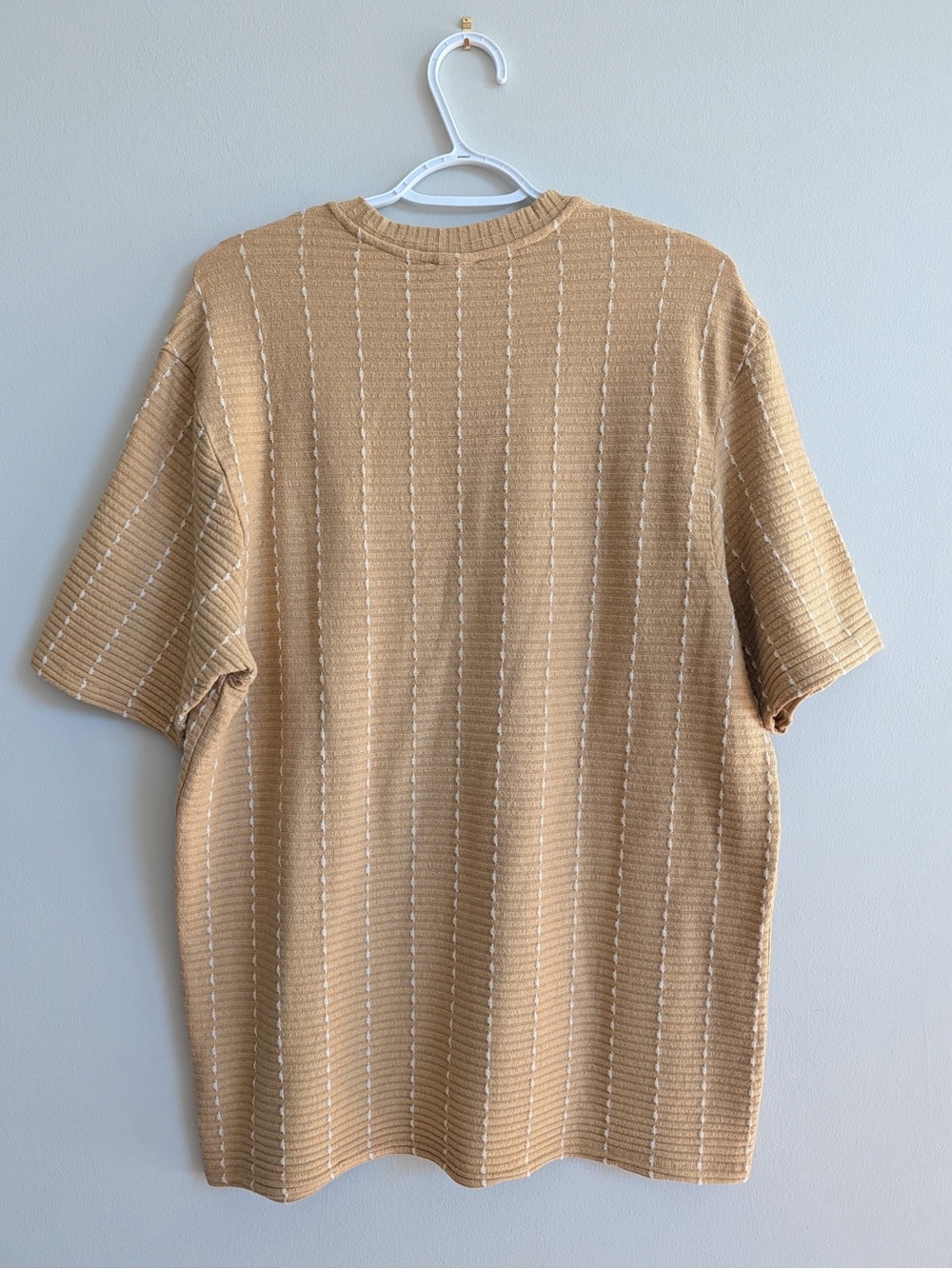 Zara Short-Sleeve Knit Shirt in Light Tan with Subtle Stripe - Picture 3 of 3